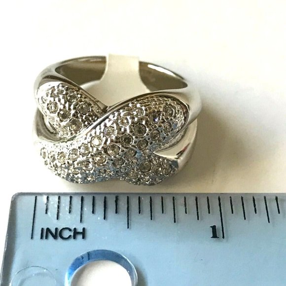 Vintage Silver Criss Cross Cocktail Ring Swarovski Crystal Size 9 Camilla Lucia - Picture 10 of 12